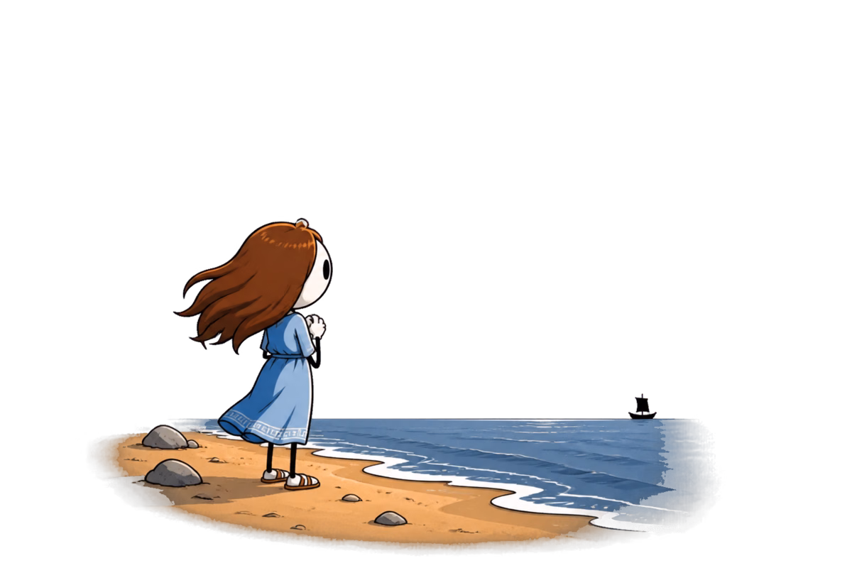 Thésée et le Minotaure : Ariane abandonnée sur la plage de Naxos au petit matin, les mains serrées, le navire déjà loin à l'horizon