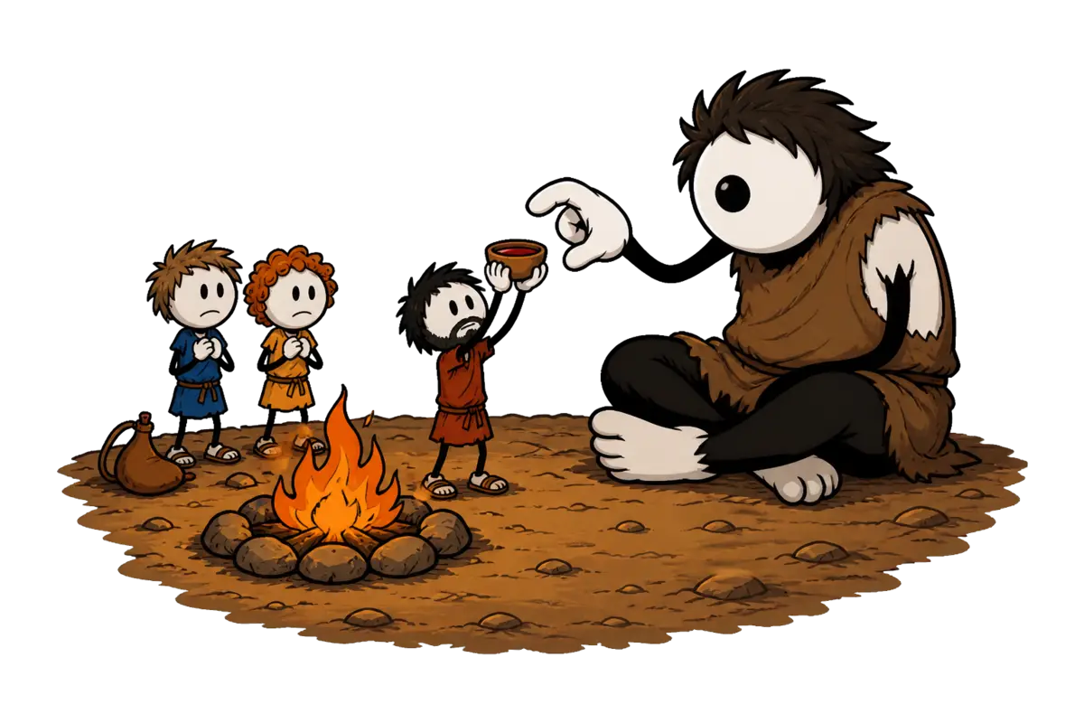 Ulysse et le Cyclope au coin du feu : Ulysse, minuscule, tend l'écuelle de vin au géant assis qui se penche pour la prendre