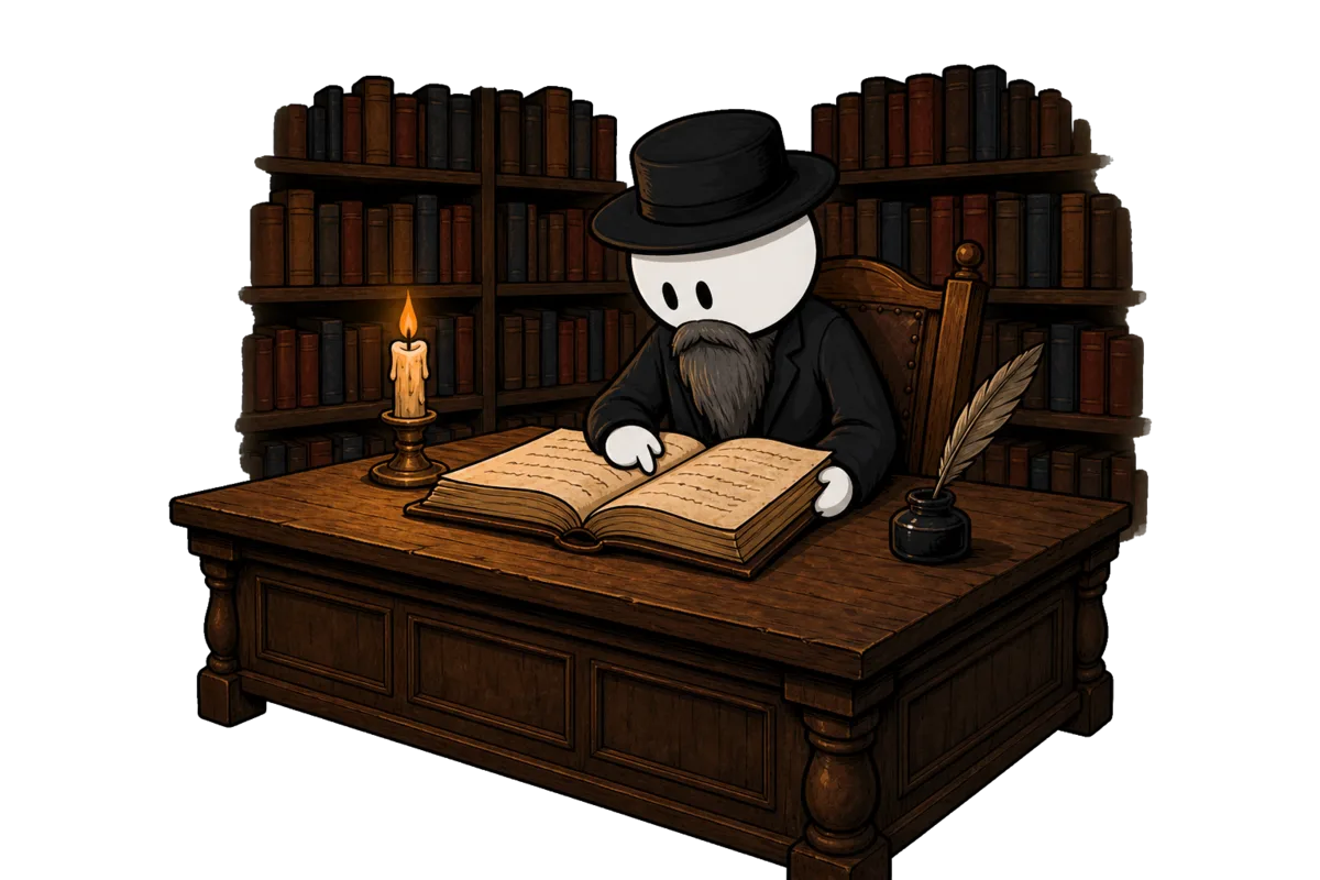Le Golem de Prague : tard dans la nuit, le vieux rabbin penché sur un gros livre ouvert à la chandelle, entouré d'étagères de livres