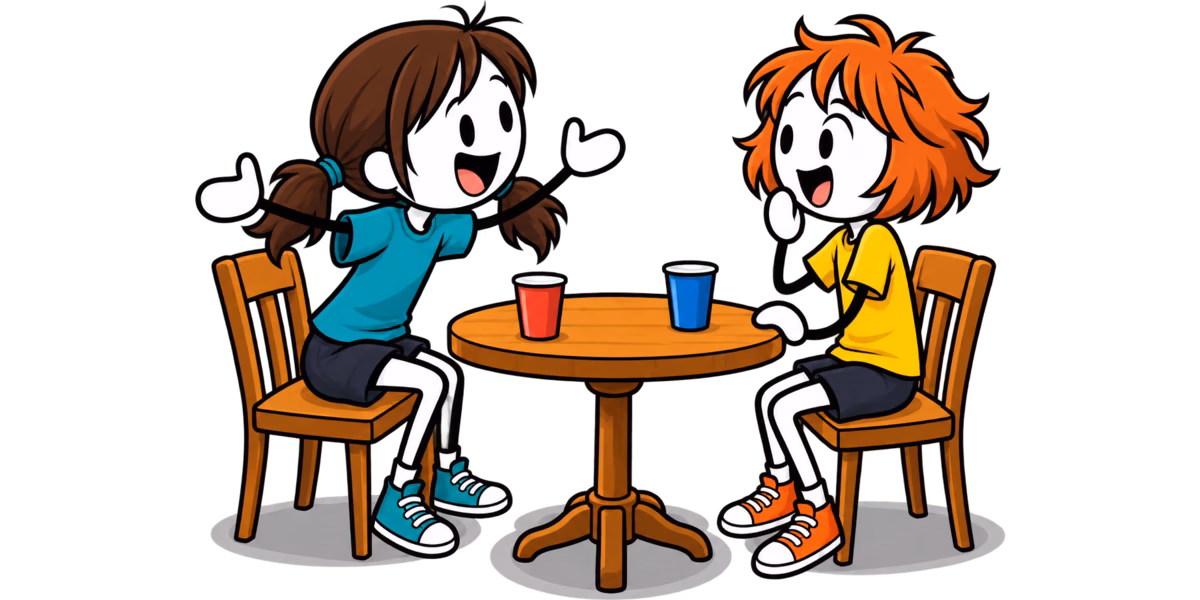 Speed meeting : deux filles discutent autour d'une petite table, l'une raconte les bras grands ouverts et l'autre l'écoute bluffée, une main devant la bouche
