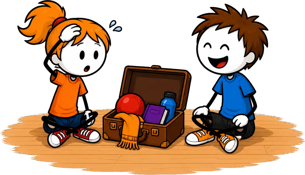 Dans ma valise : deux enfants assis autour de la valise ouverte qui déborde d'objets, celui qui doit réciter la liste sèche la main posée sur le crâne