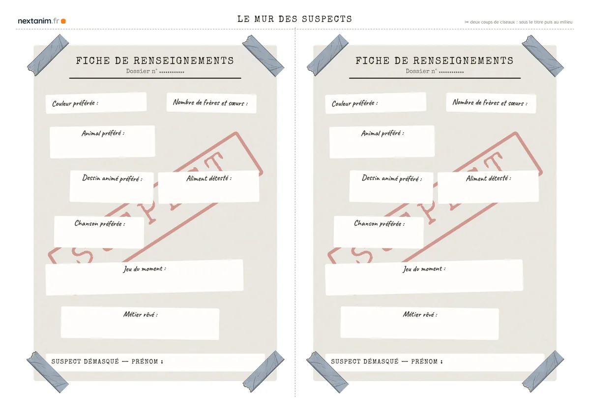 Le mur des suspects : la fiche de renseignements aux questions de goûts, une page du kit à imprimer