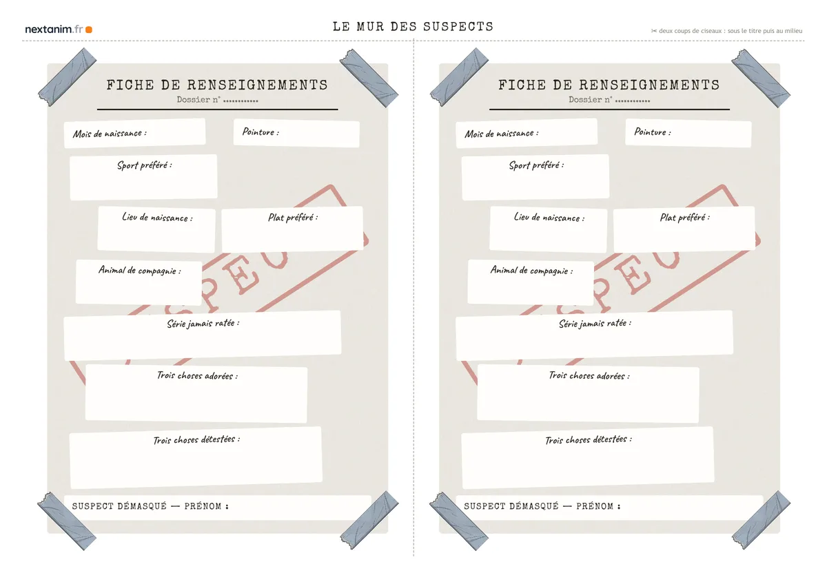 Le mur des suspects : la fiche de renseignements classique, une page du kit à imprimer