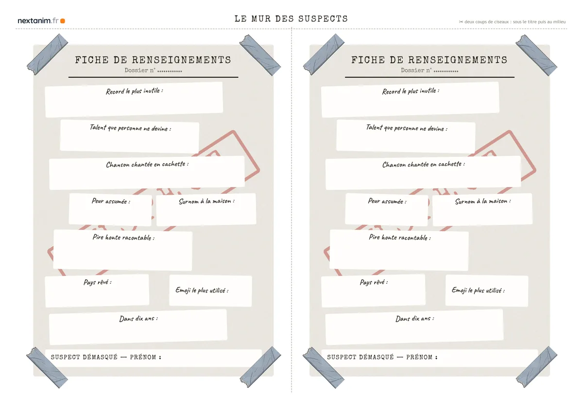 Le mur des suspects : la fiche interrogatoire aux questions à assumer, une page du kit à imprimer