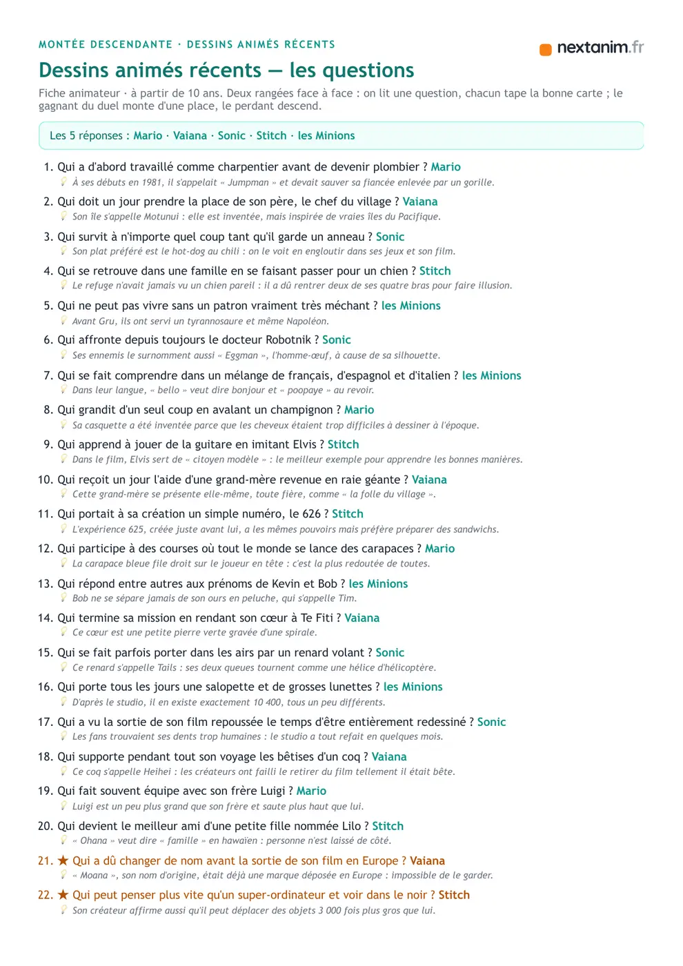 Montée descendante : la fiche de questions du quiz dessins animés, une page du kit à imprimer