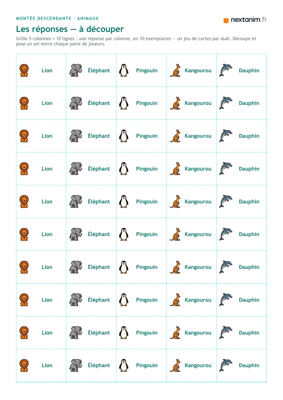 Montée descendante : la planche de cartes-réponses illustrées du quiz animaux, à découper pour les duels