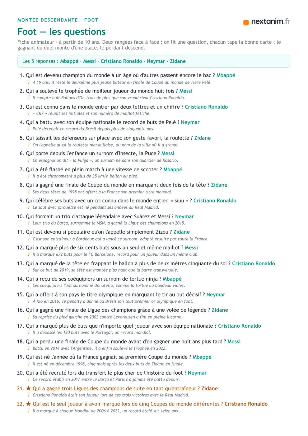 Montée descendante : la fiche de questions du quiz foot, une page du kit à imprimer