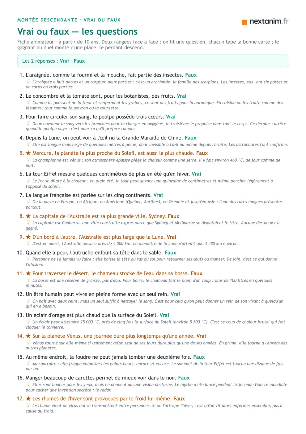 Montée descendante : la fiche d'affirmations du quiz vrai ou faux, une page du kit à imprimer