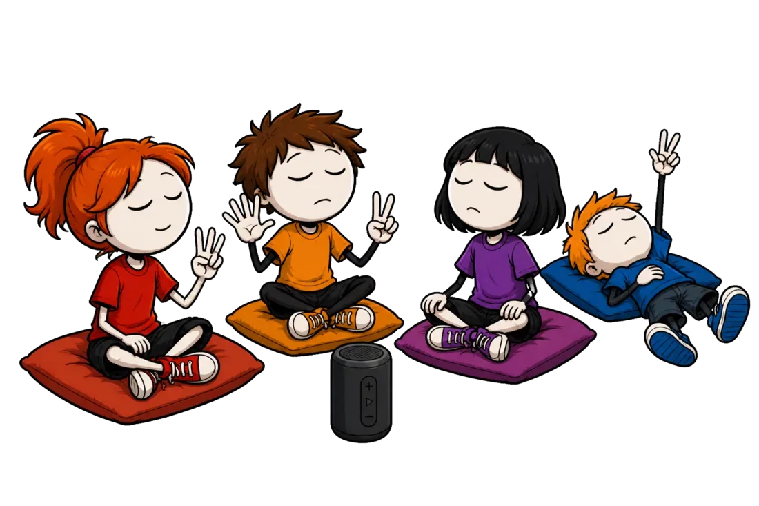 Le mot dans la chanson : quatre enfants assis sur des coussins, les yeux fermés, comptent sur leurs doigts pendant que la chanson tourne sur l'enceinte posée au sol