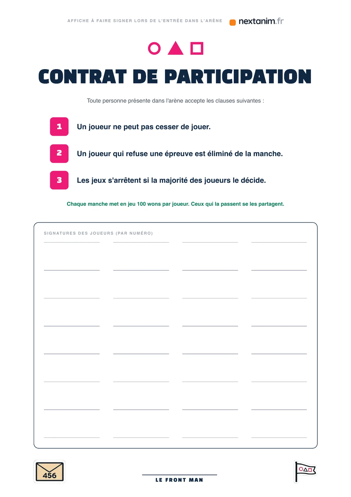 Squid Game : l'affiche du contrat de participation et ses cases de signature, une page du kit à imprimer