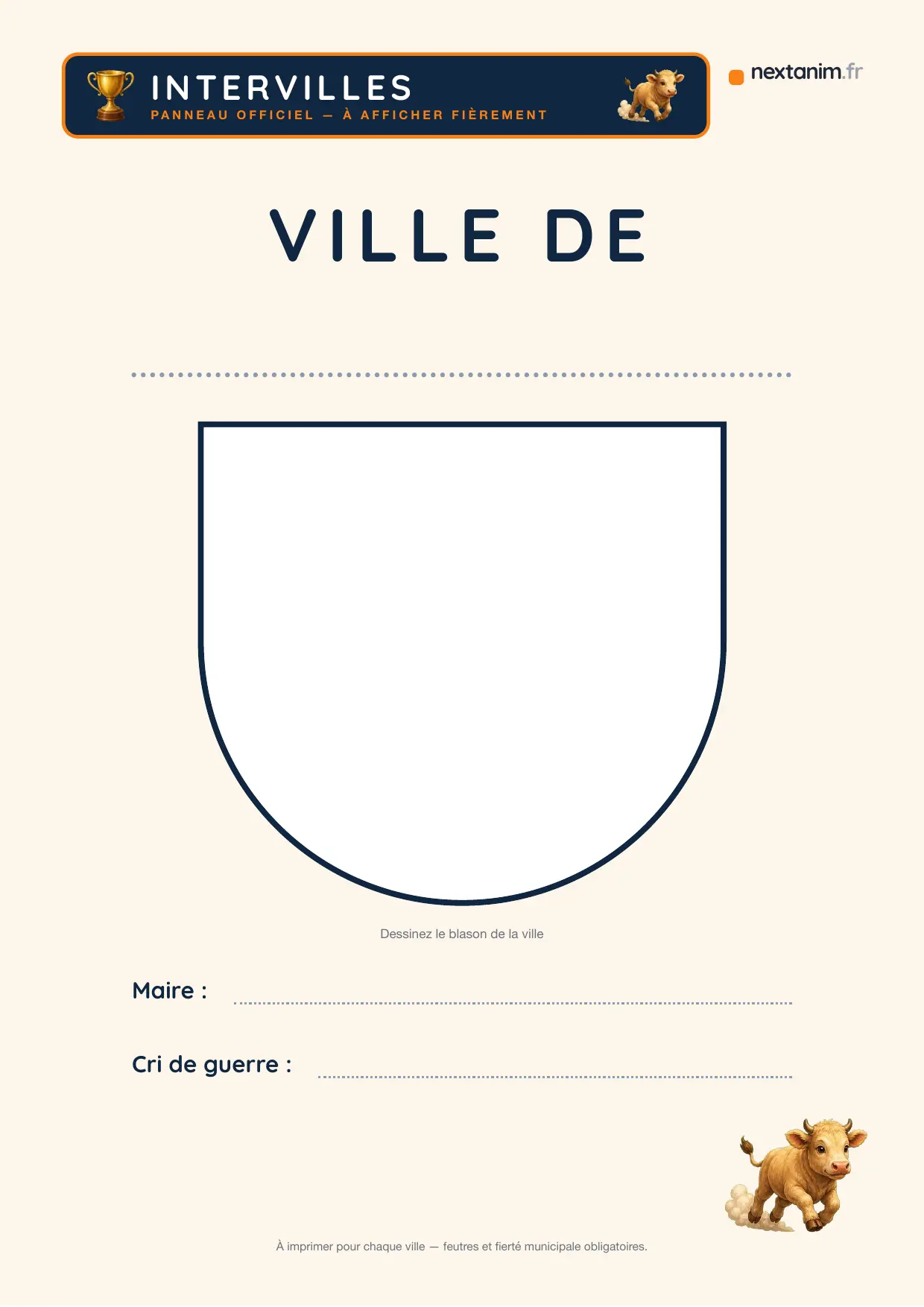 Intervilles : le panneau de ville avec son blason à dessiner, une page du kit à imprimer