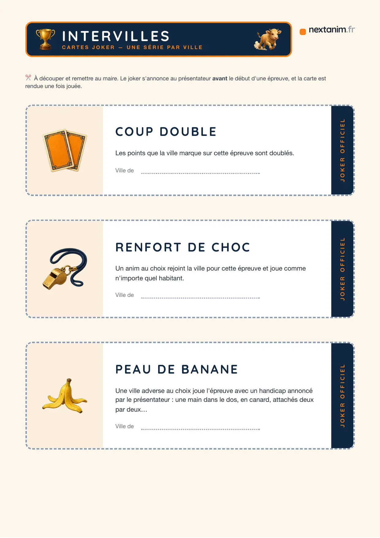 Intervilles : les trois cartes joker à découper, une page du kit à imprimer