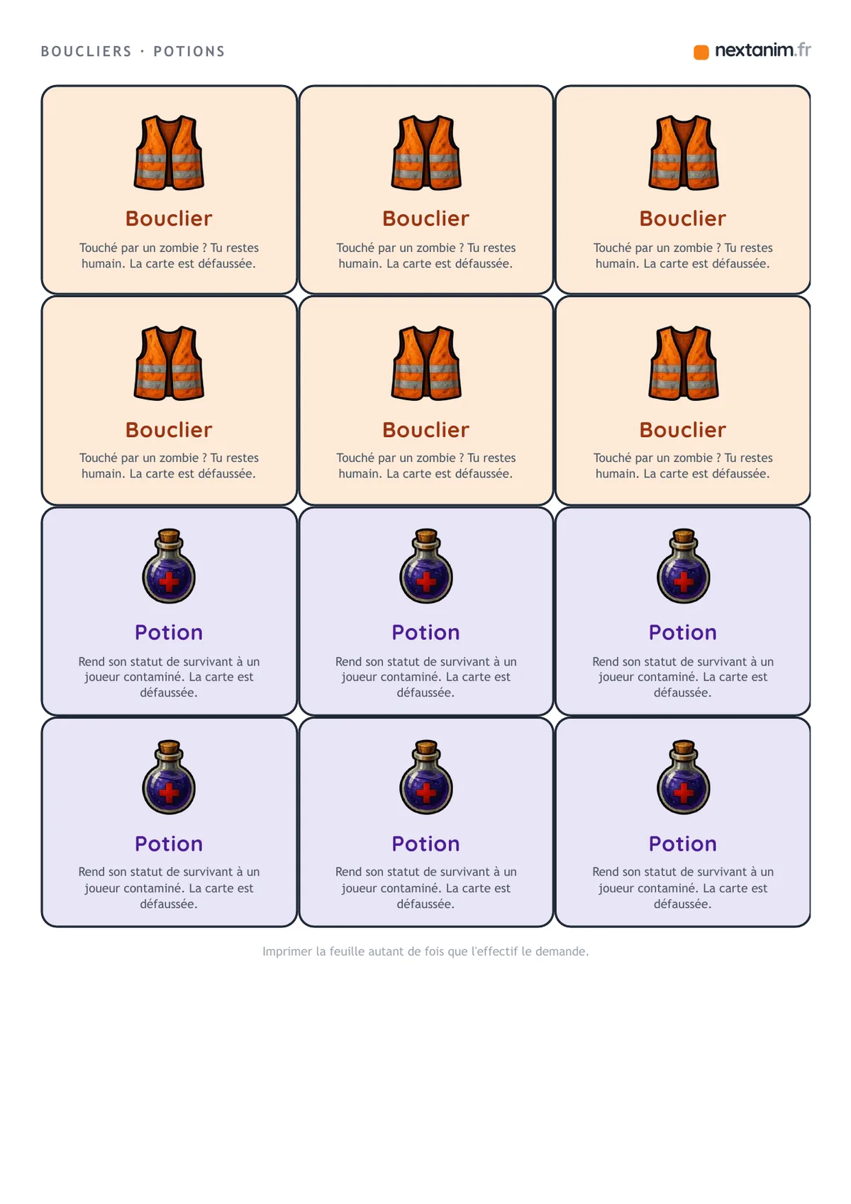 Zombieland : les cartes de bouclier et de potion que les équipes ramassent, une page du kit à imprimer