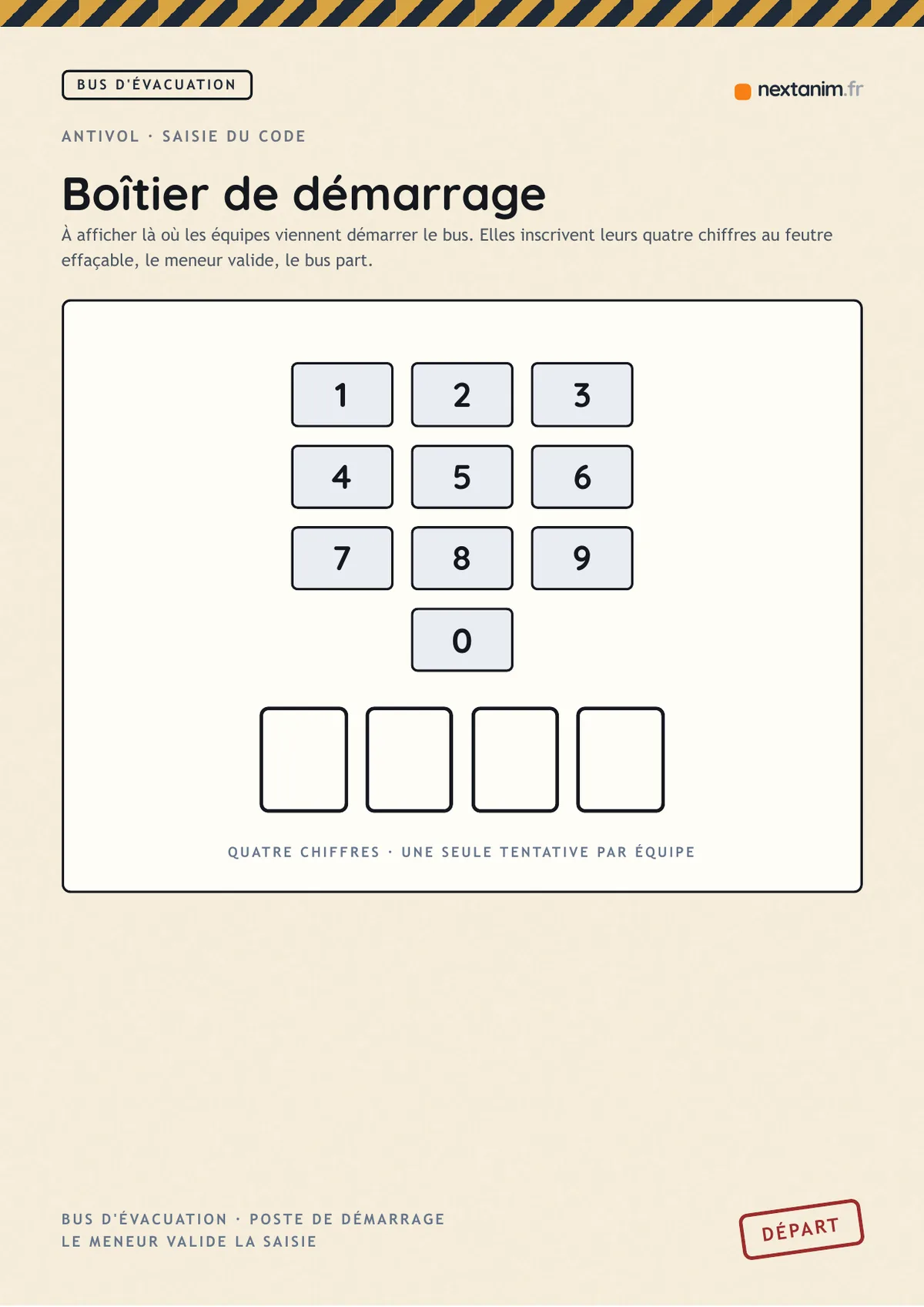 Zombieland : le boîtier de démarrage du bus où les équipes saisissent le code, une page du kit à imprimer