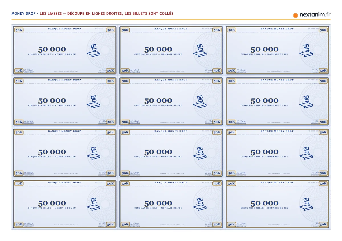 Money Drop : la planche de liasses de 50 000 à découper, une page du kit à imprimer