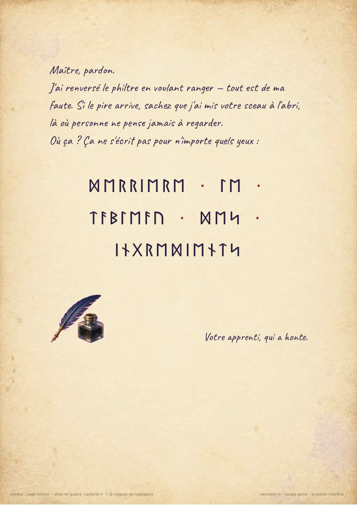 Escape game : la potion interdite — la lettre de l'apprenti écrite en runes, une page du kit à imprimer