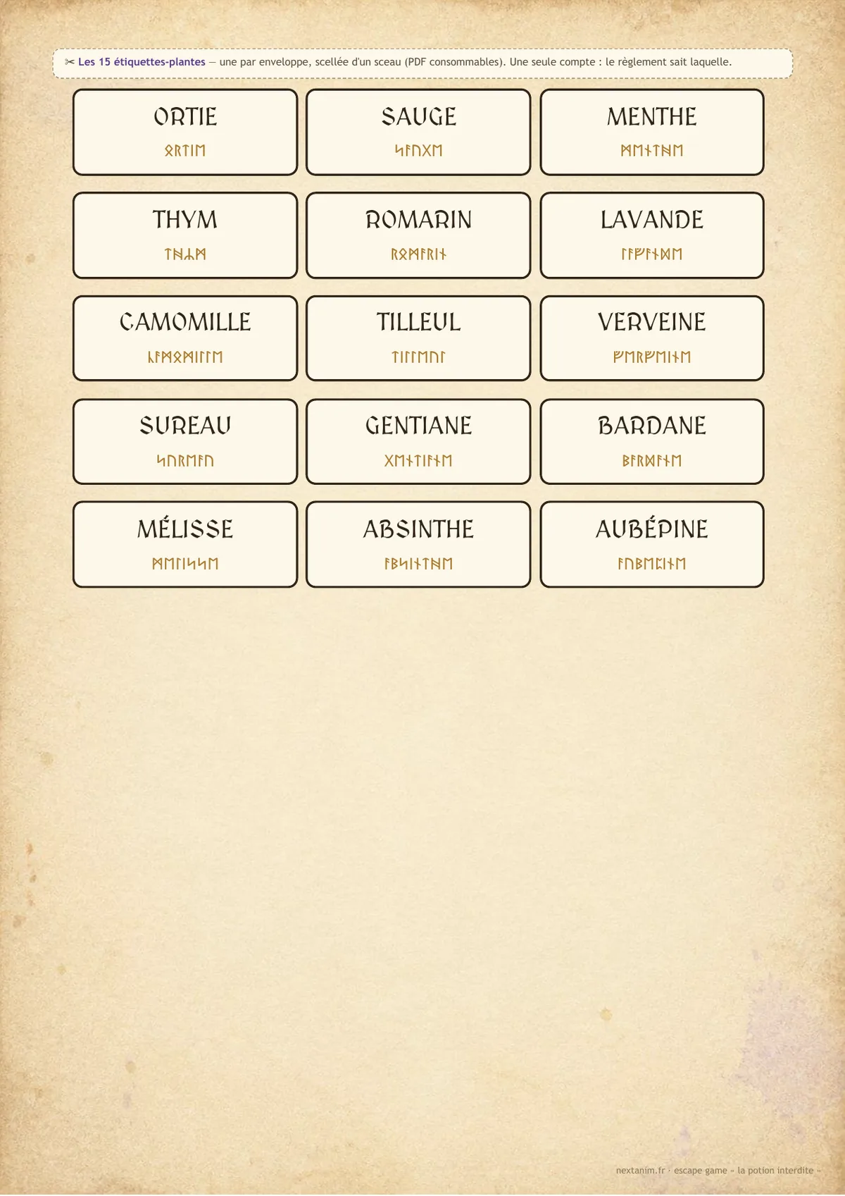 Escape game : la potion interdite — les quinze étiquettes de plantes à découper, une page du kit à imprimer