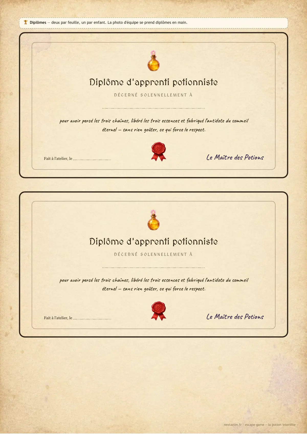 Escape game : la potion interdite — les diplômes d'apprenti potionniste remis à la fin, une page du kit à imprimer