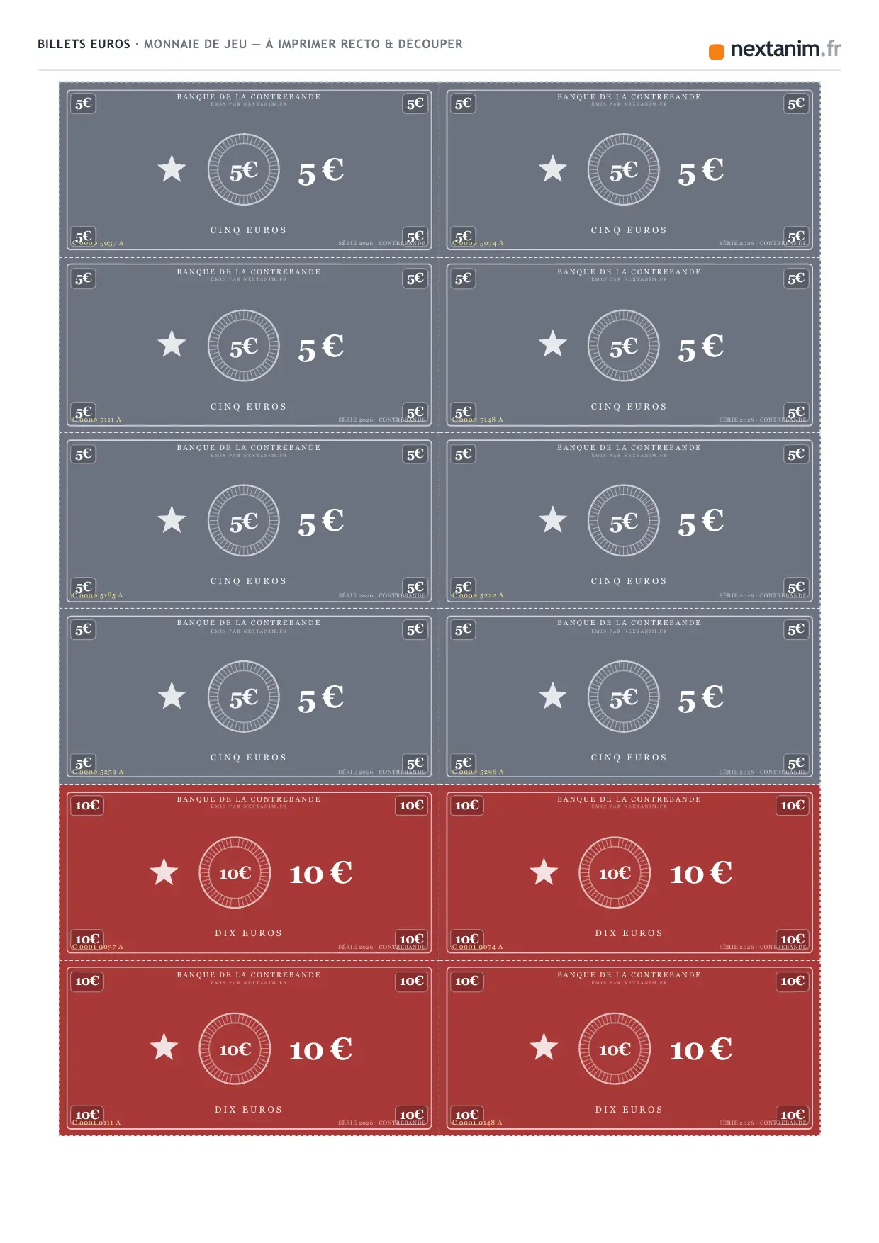 Douaniers et contrebandiers : la planche des billets de 5 et 10 euros à découper, une page du kit à imprimer