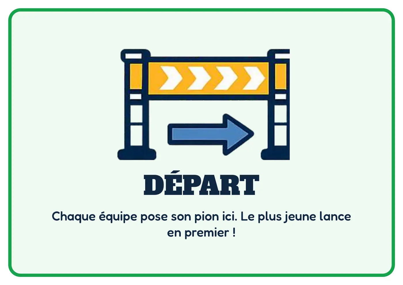 Jeu de l'oie géant : la case départ où chaque équipe pose son pion, une page du kit à imprimer