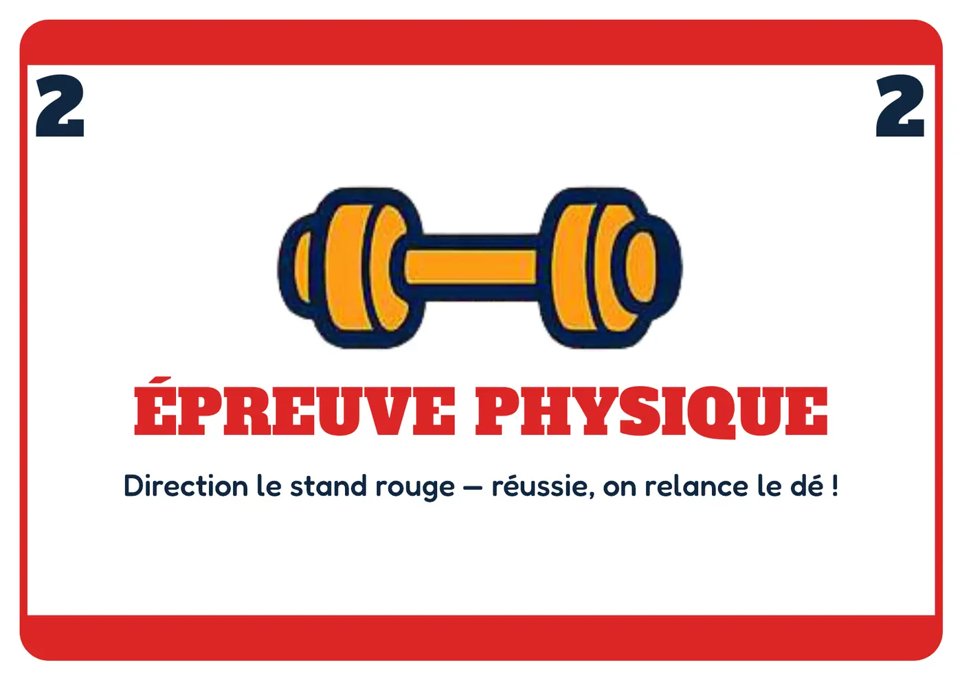 Jeu de l'oie géant : la case 2, une épreuve physique qui envoie au stand rouge, une page du kit à imprimer