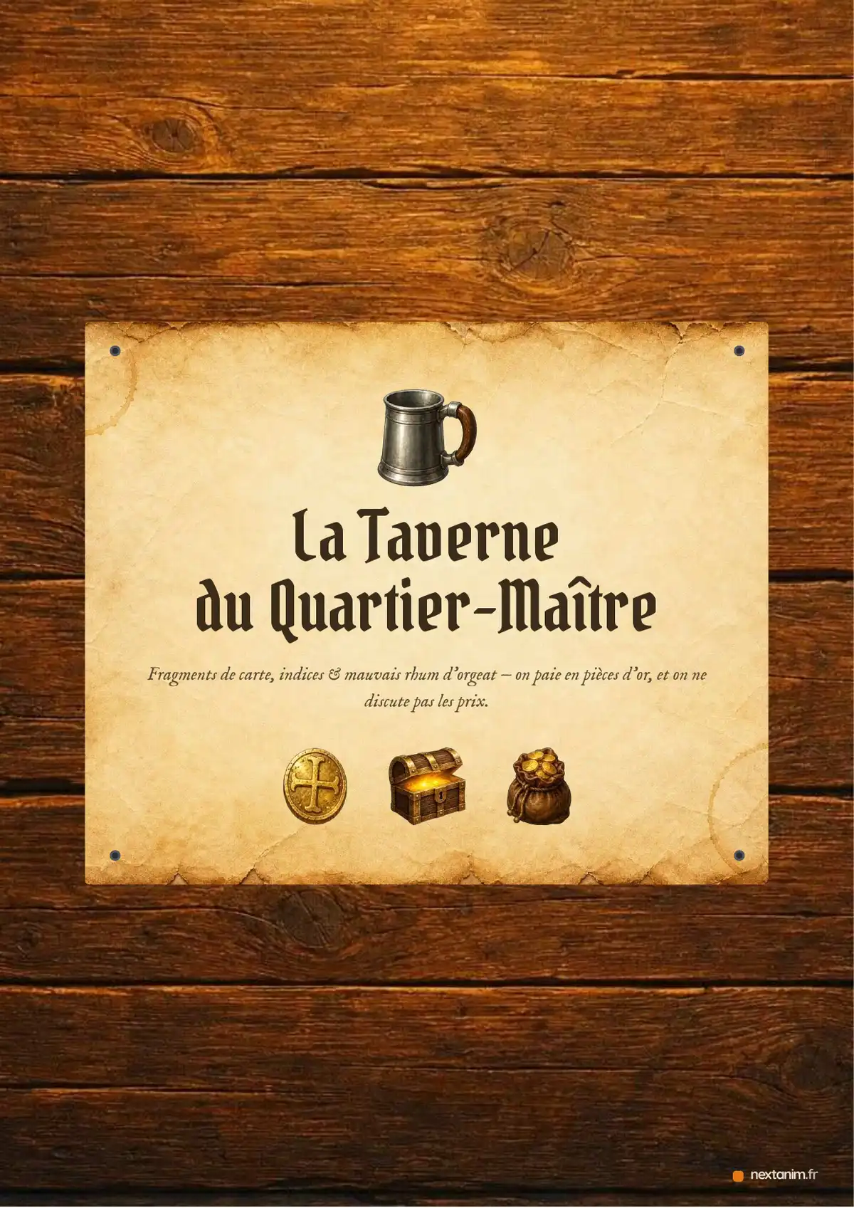 Chasse au trésor : l'affiche de la taverne du quartier-maître, une page du kit à imprimer