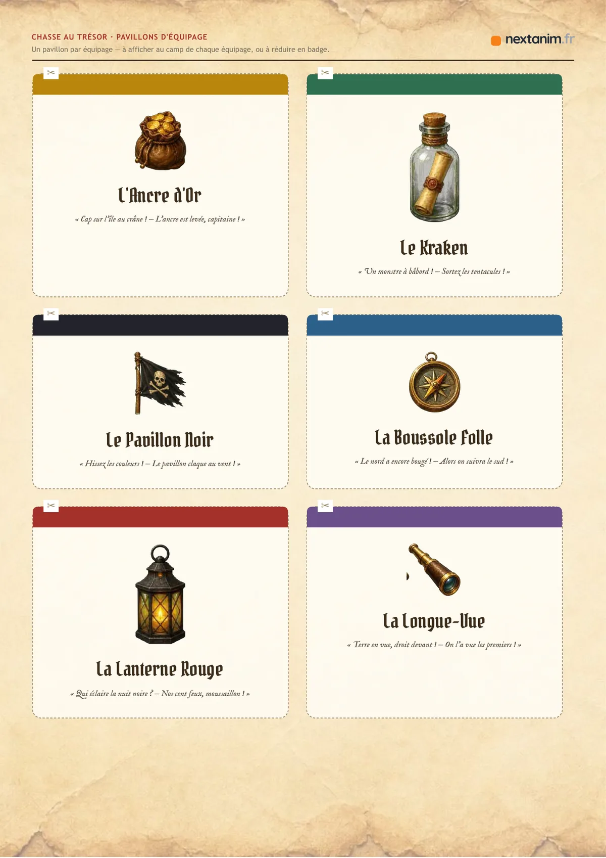 Chasse au trésor : les six pavillons d'équipage, une page du kit à imprimer