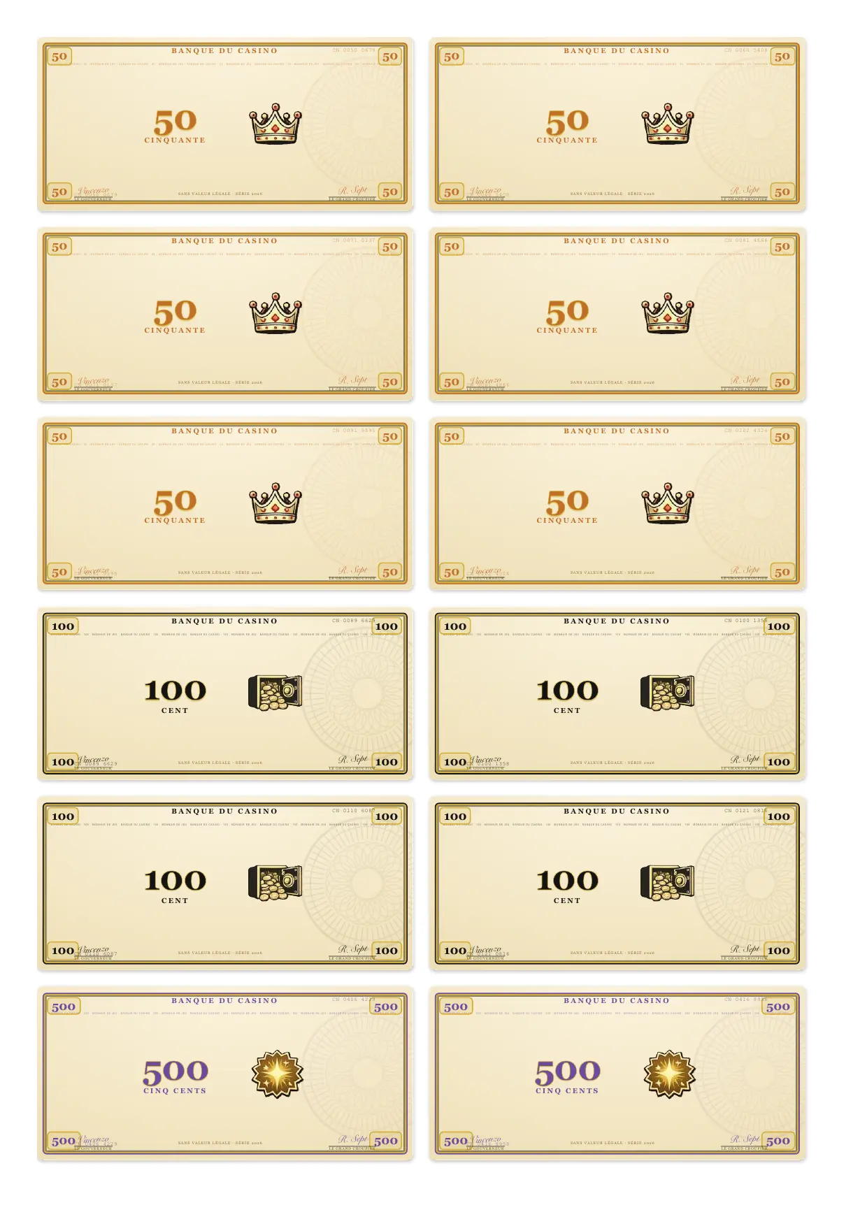 Soirée casino : la planche de gros billets à découper, coupures de 50, 100 et 500, une page du kit à imprimer