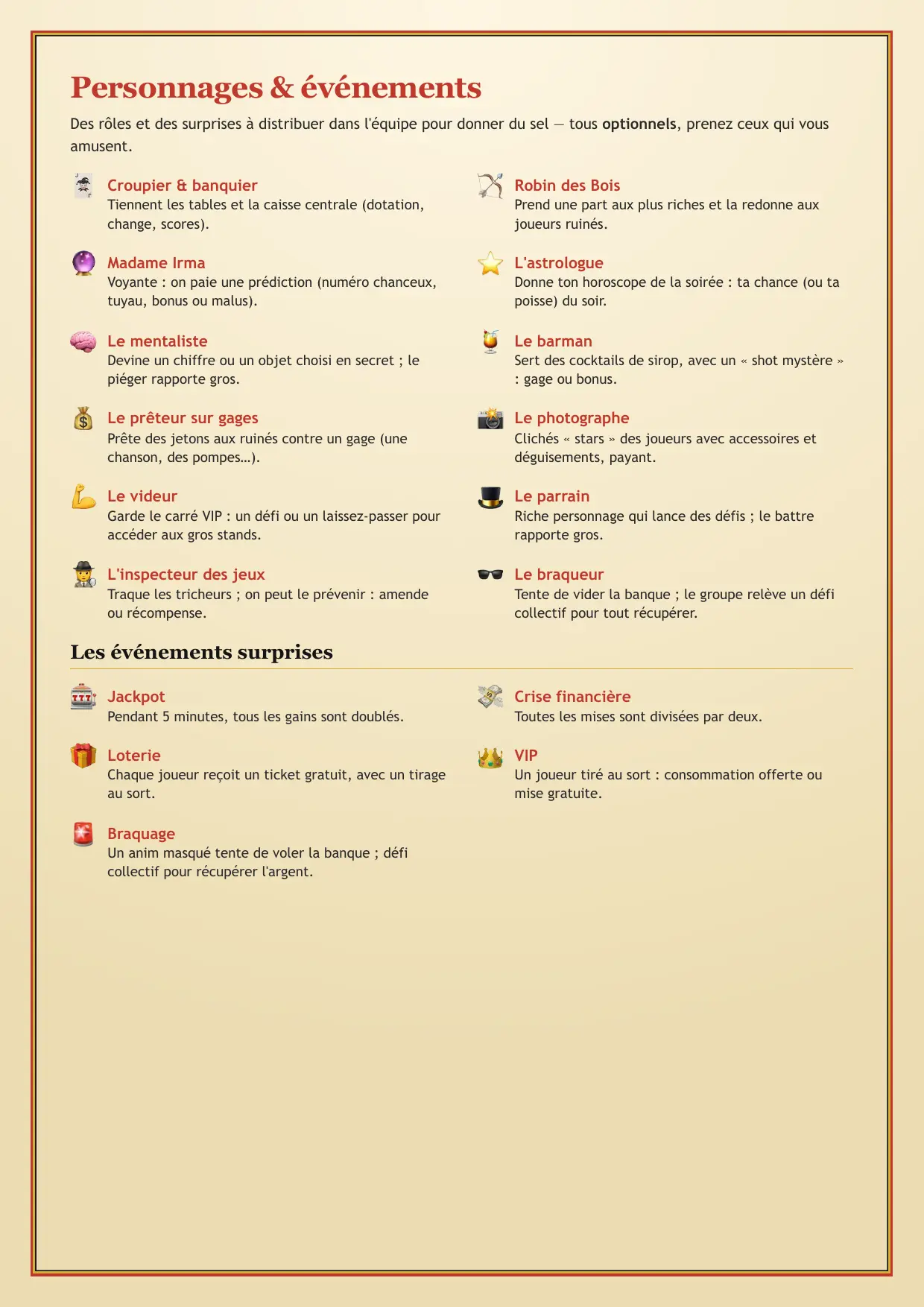Soirée casino : les personnages à incarner et les événements surprises du dossier de l'équipe, une page du kit à imprimer