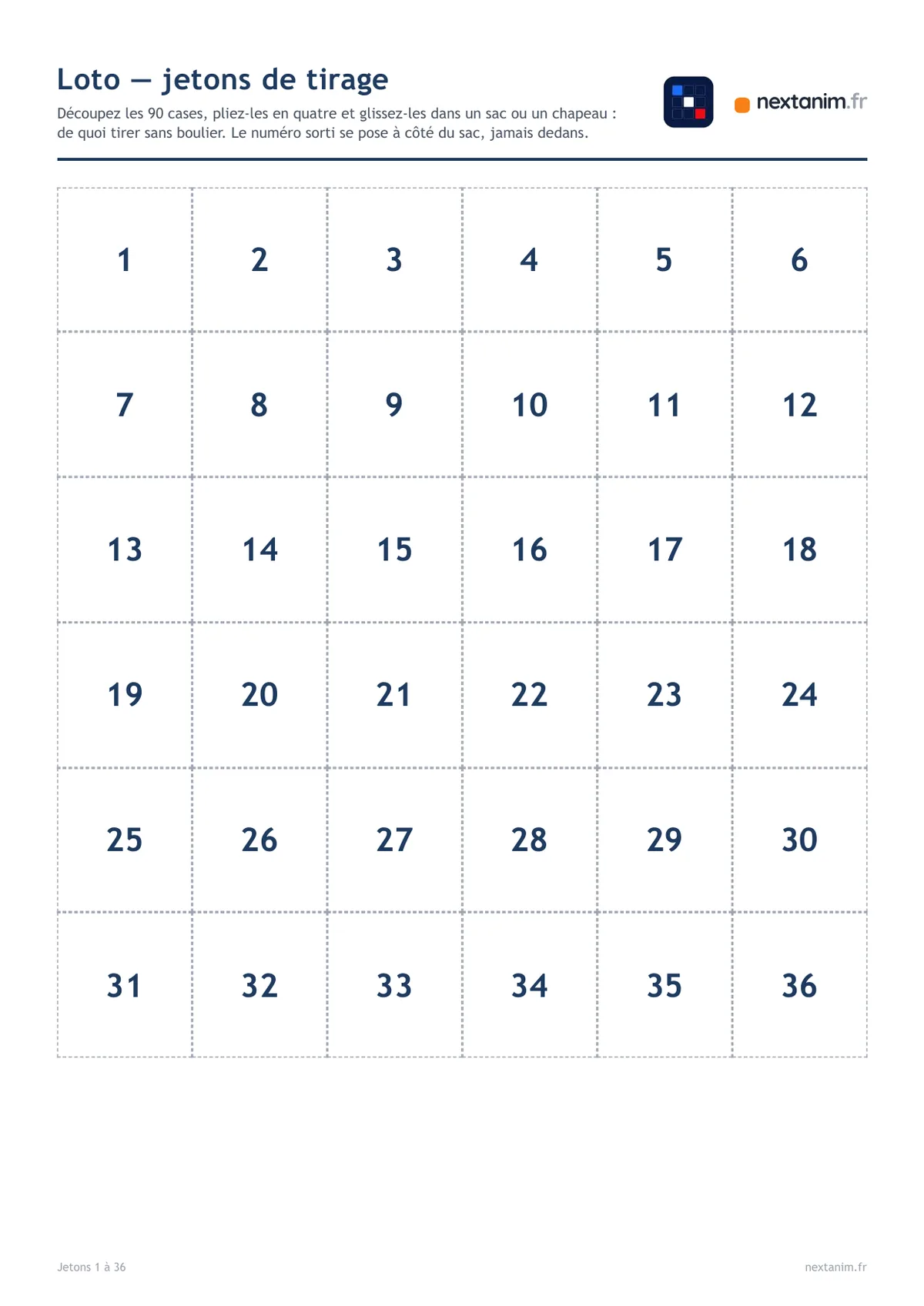Loto : la planche des jetons de tirage numérotés à découper, une page du kit à imprimer