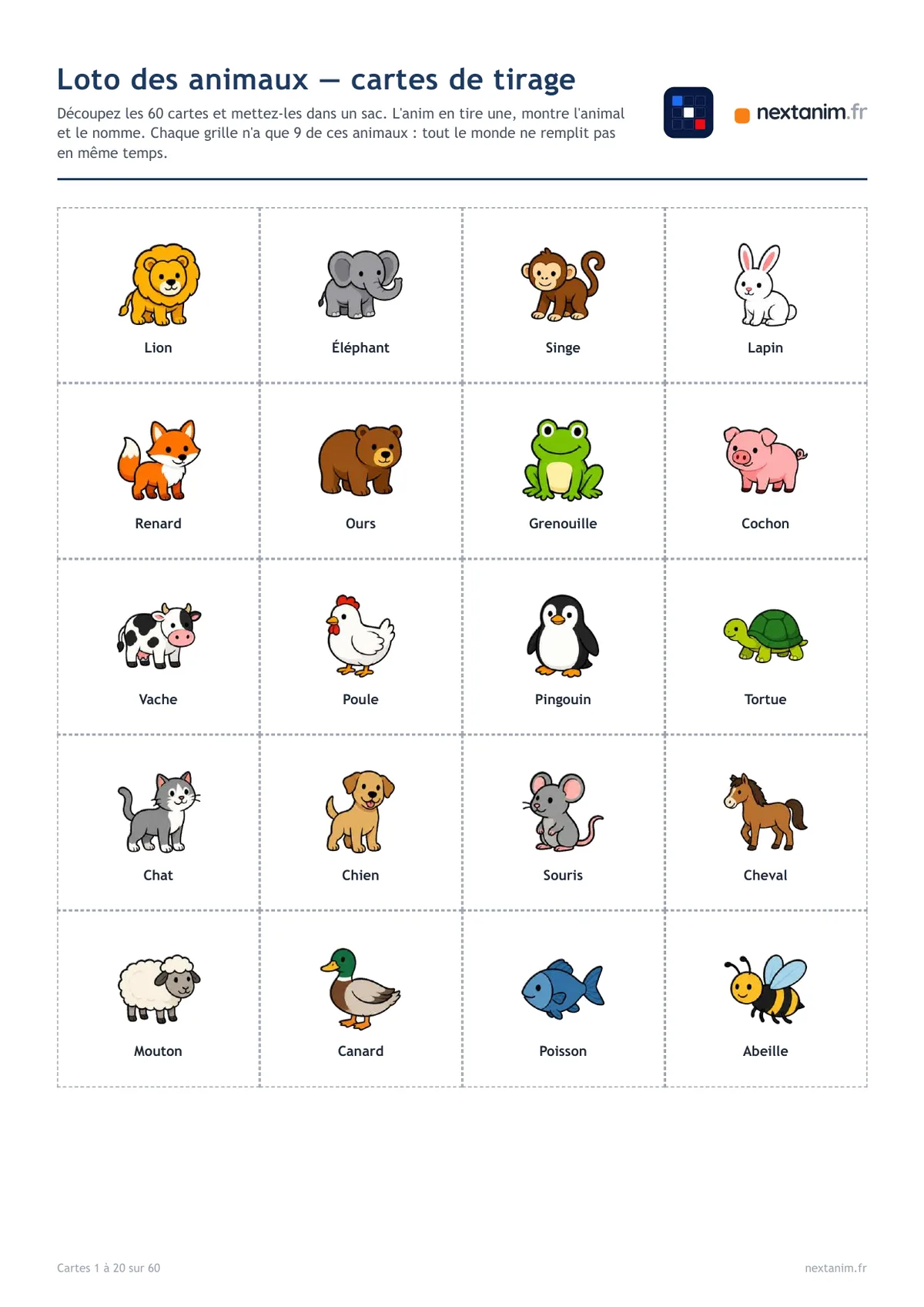 Loto des animaux : les cartes de tirage illustrées à découper, une page du kit à imprimer