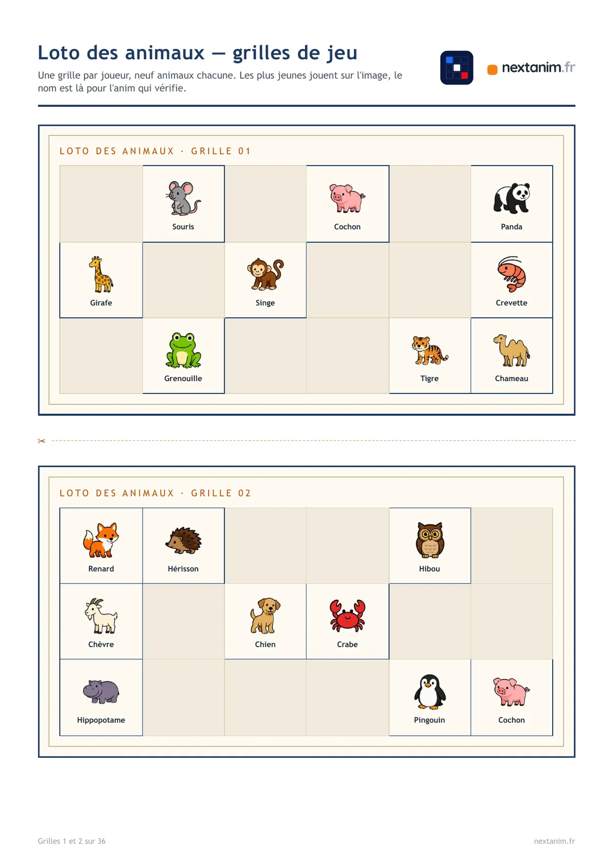 Loto des animaux : deux grilles de neuf animaux pour les plus jeunes, une page du kit à imprimer