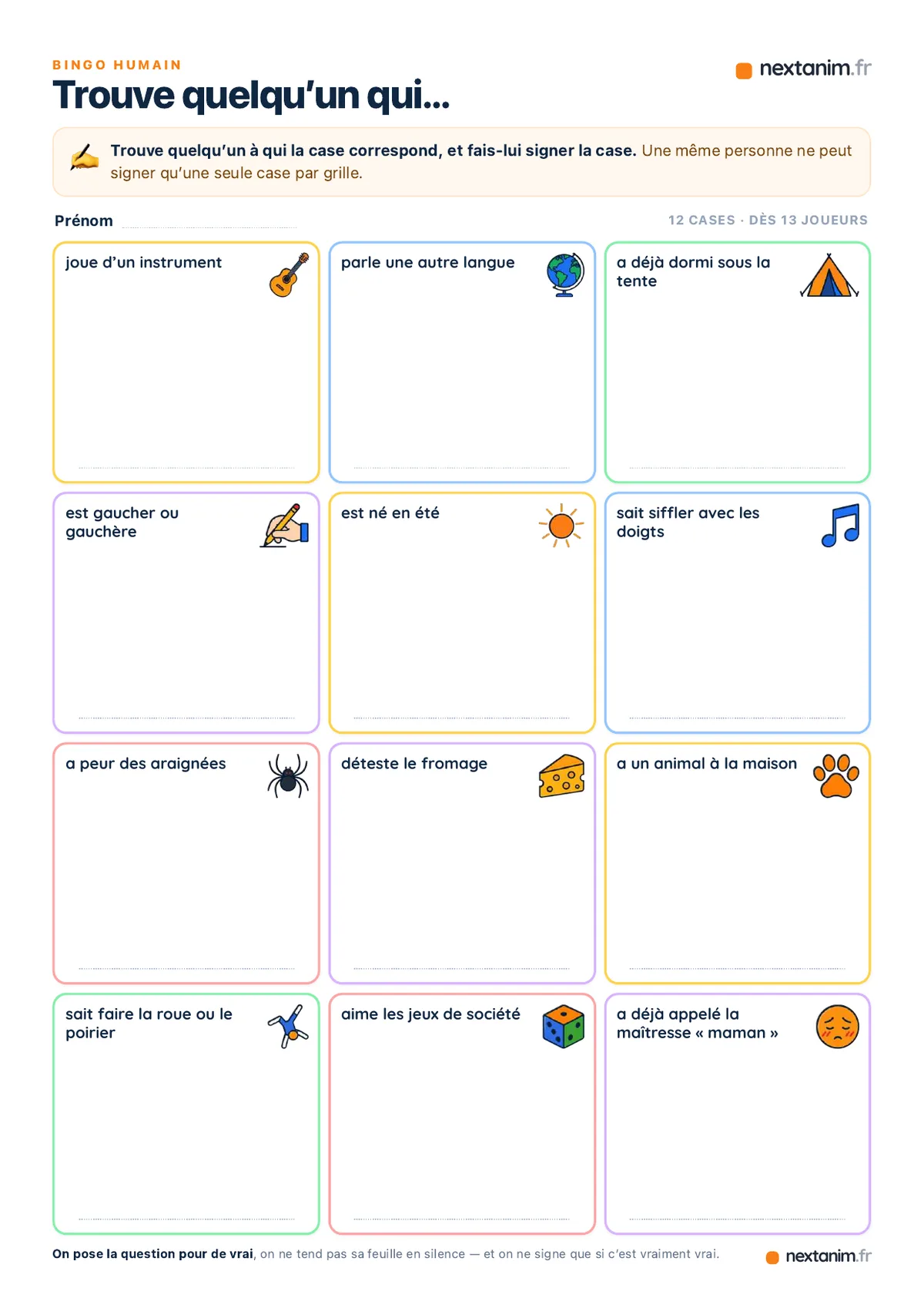 Bingo humain : la grille de 12 cases, la plus petite du kit à imprimer