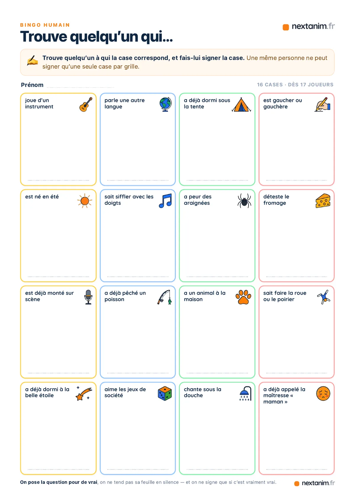 Bingo humain : la grille de 16 cases en 4 par 4, une page du kit à imprimer