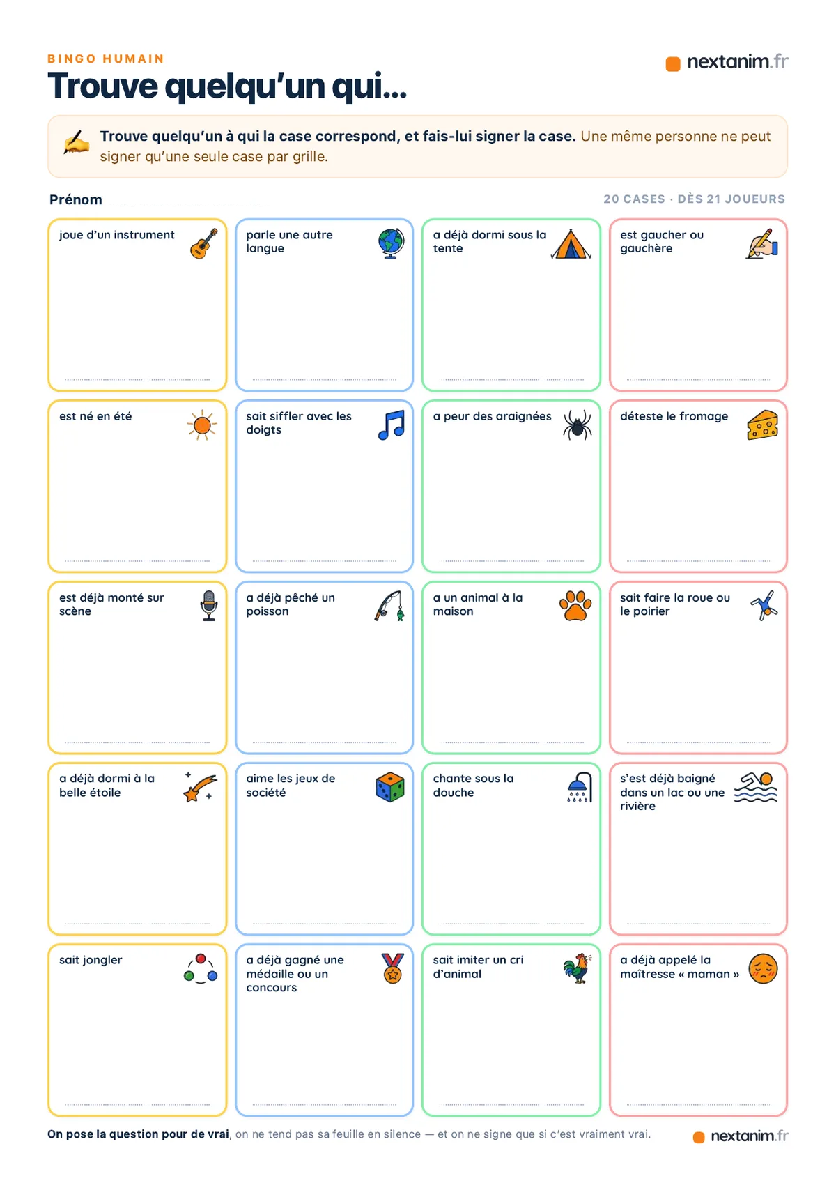 Bingo humain : la grille de 20 cases en 4 par 5, une page du kit à imprimer