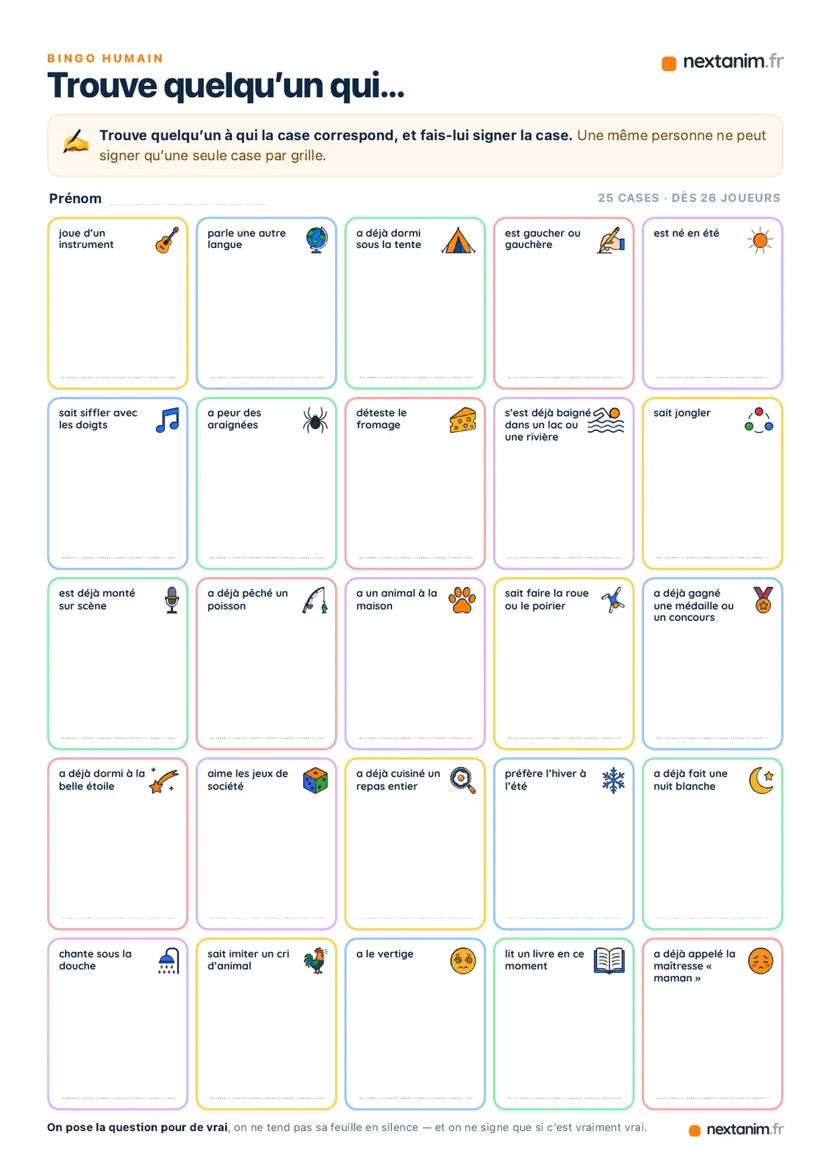 Bingo humain : la grille de 25 cases pour un grand groupe, une page du kit à imprimer
