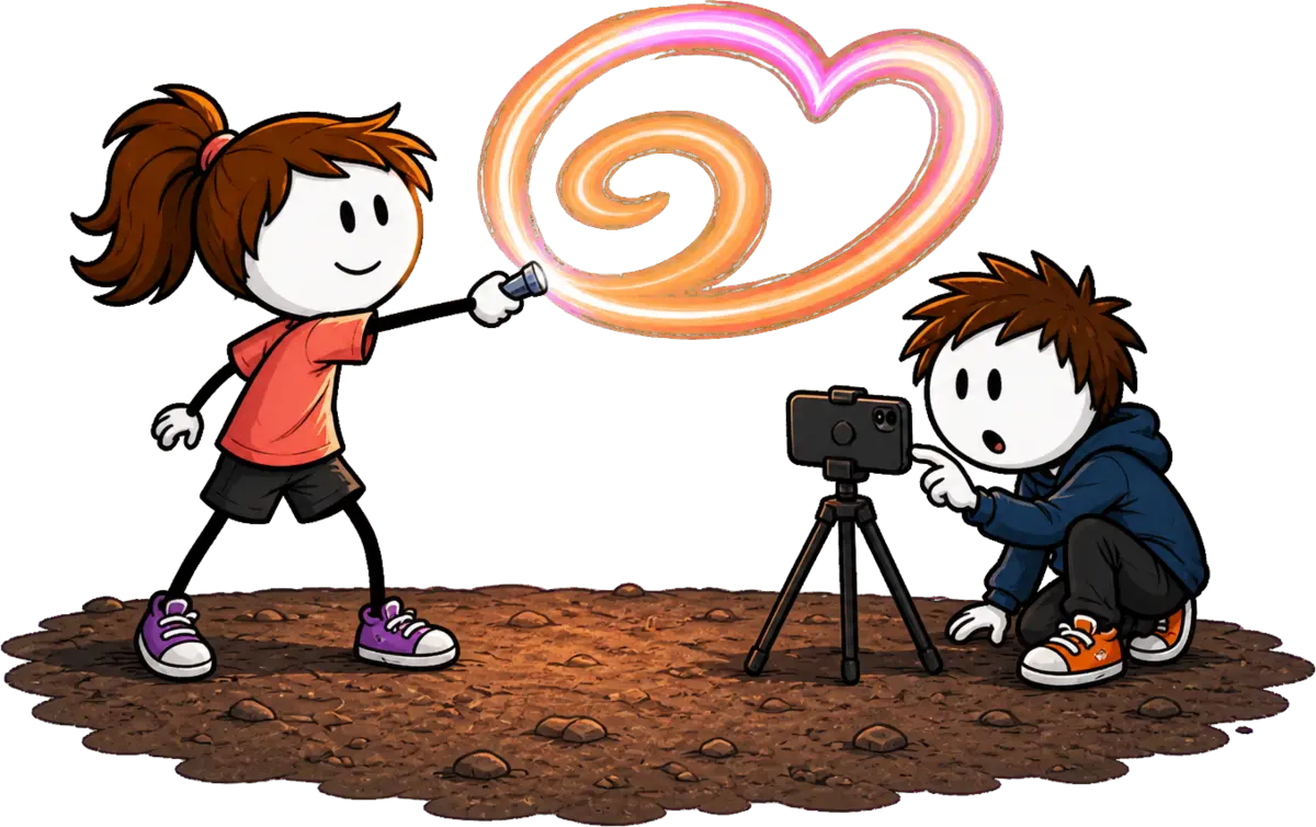 Light painting en salle : une enfant trace une spirale de lumière rose et orange qui finit en cœur pendant qu'un autre enfant déclenche le smartphone posé sur trépied