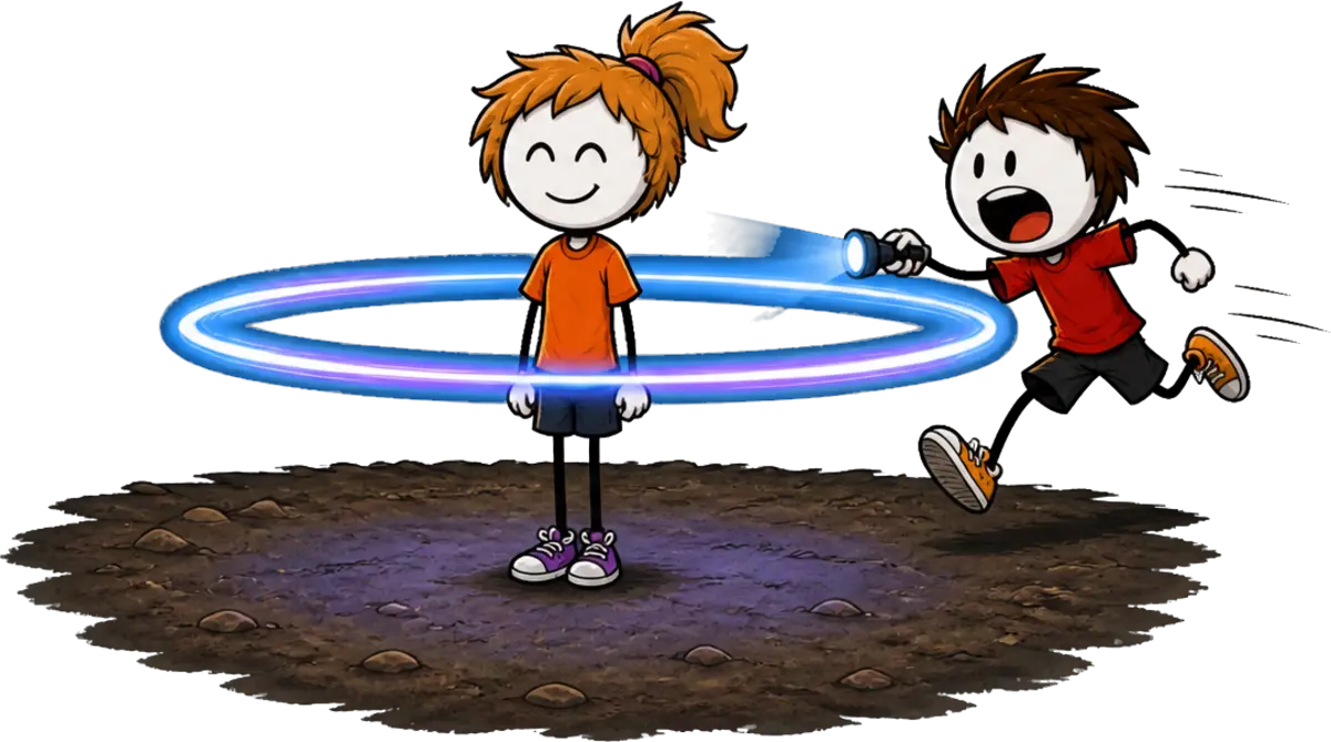 La figure du halo en light painting : une enfant immobile entourée d'un anneau de lumière bleu et violet tracé autour d'elle par un camarade qui court avec sa lampe