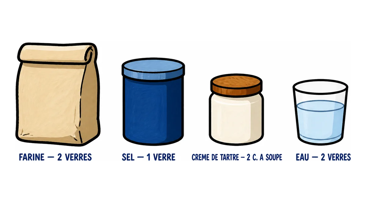 Recette de pâte à modeler maison cuite : les doses de farine, de sel, de crème de tartre et d'eau pour la casserole