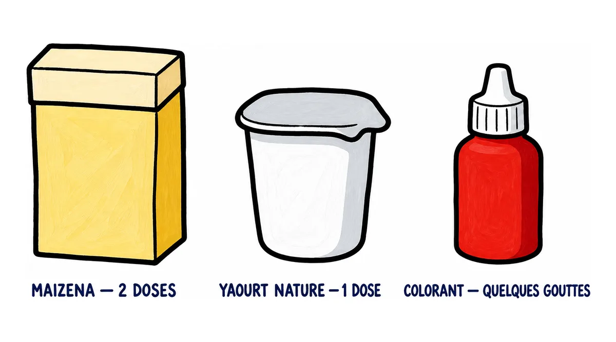 Recette de pâte à modeler maison comestible : les doses de maïzena et de yaourt nature, avec le colorant alimentaire