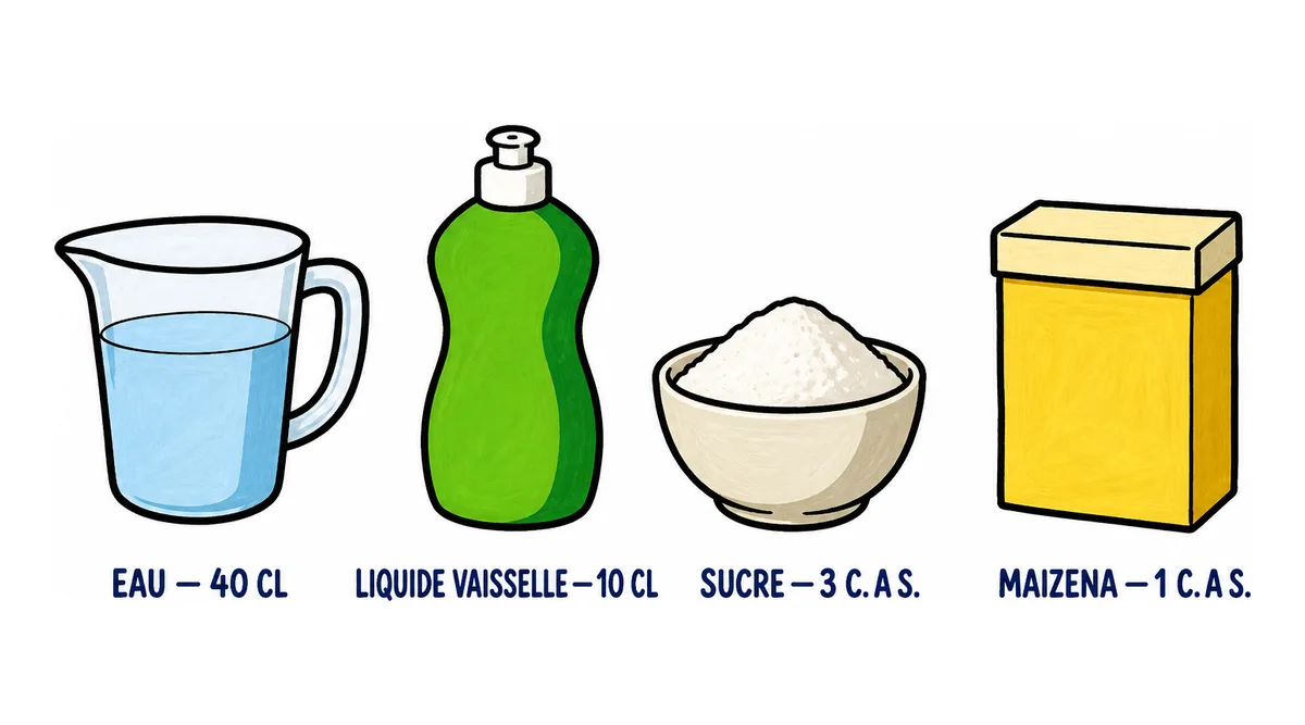 Bulles de savon géantes, recette express : les doses d'eau, de liquide vaisselle, de sucre en poudre et de Maïzena