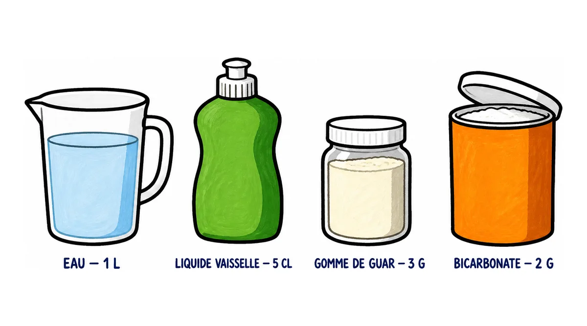Bulles de savon géantes, recette pro : les doses d'eau, de liquide vaisselle concentré, de gomme de guar et de bicarbonate