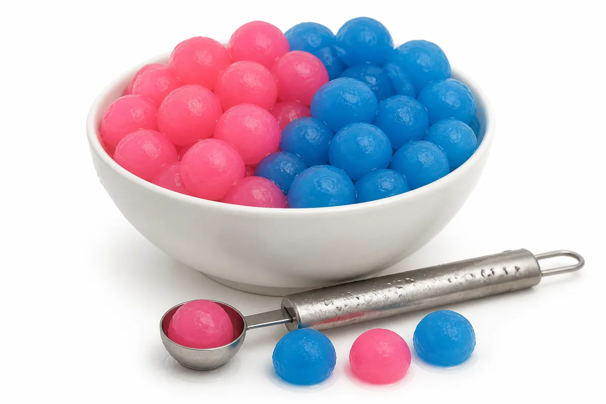 Sphérification pour enfants : une coupelle de perles de gel roses et bleues, avec la cuillère parisienne qui sert à les former posée devant
