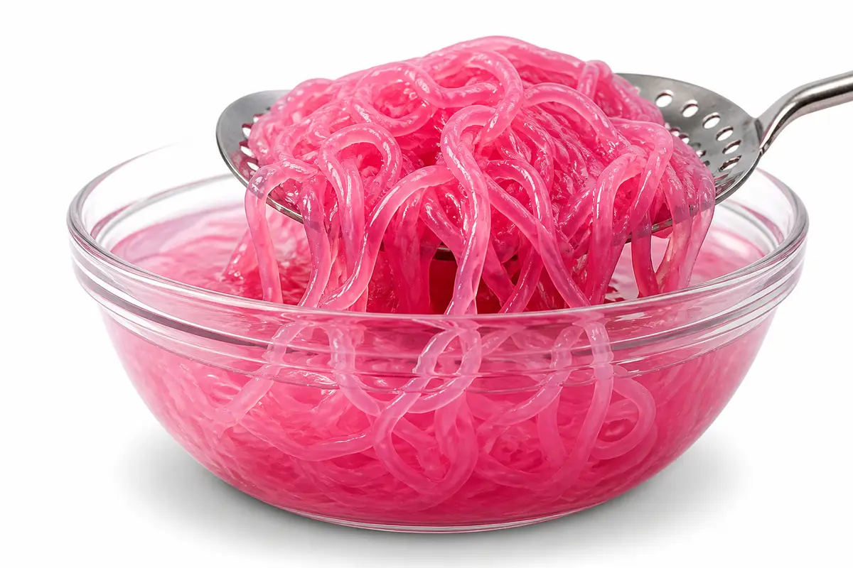 Sphérification : l'écumoire sort du bain un paquet de spaghettis de gel rose emmêlés, les fils dégoulinent et retombent dans le saladier