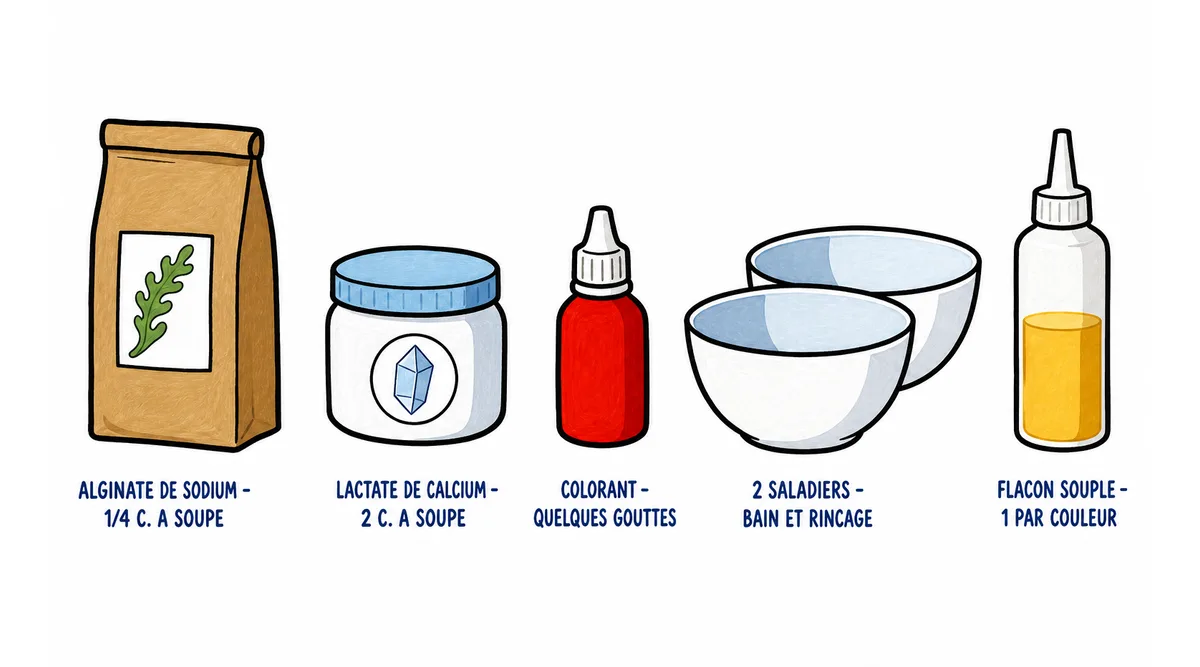 Le matériel de la sphérification : l'alginate de sodium, le lactate de calcium, du colorant alimentaire, deux saladiers et un flacon souple, avec les doses de chacun