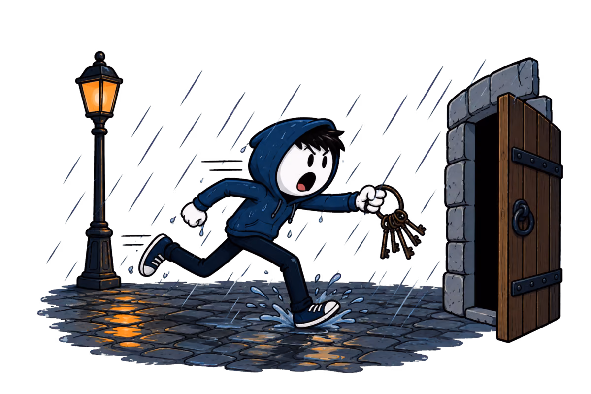 Murder party : Kim, le surveillant de nuit, traverse la cour de l'internat sous l'orage avec son trousseau, vers la porte de la tour