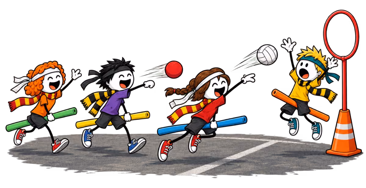 Quidditch moldu en colo : une poursuiveuse en écharpe rouge et or, frite de piscine entre les jambes, lance le ballon de volley dans un cerceau monté sur un plot pendant que le gardien saute et qu'un batteur envoie un cognard.