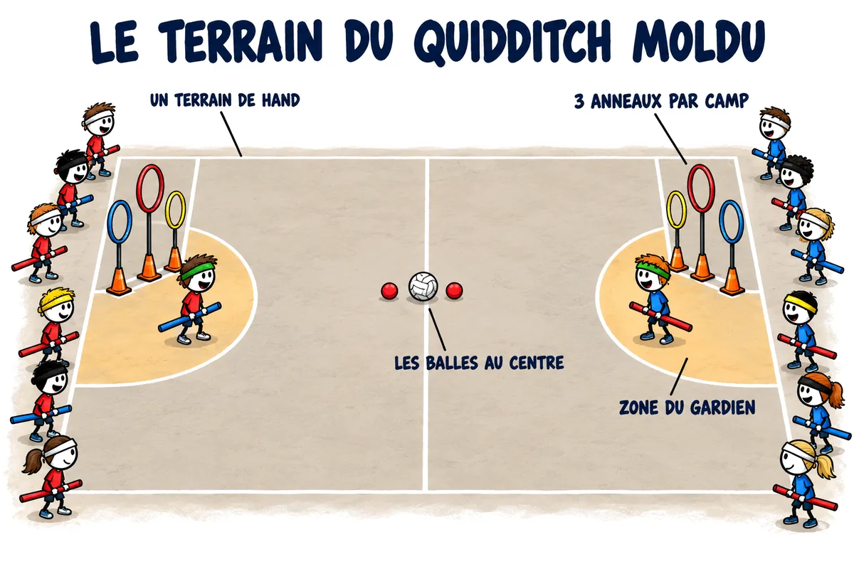Quidditch moldu, le plan du terrain : trois anneaux à chaque bout, la zone du gardien devant, les quatre postes en bandeaux de couleur et les trois balles au centre.
