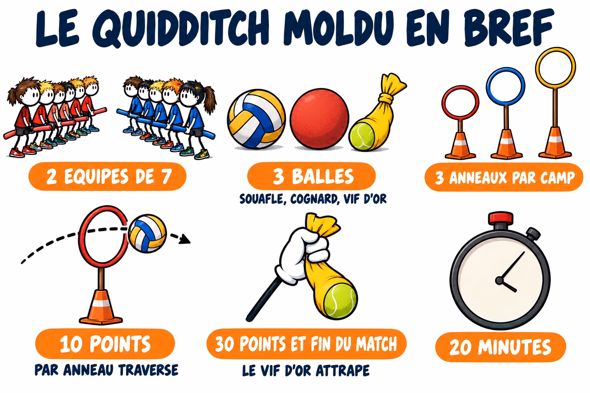 Quidditch moldu en bref : deux équipes de sept, trois balles, trois anneaux par camp, 10 points par anneau, 30 points pour le vif d'or et vingt minutes de match.