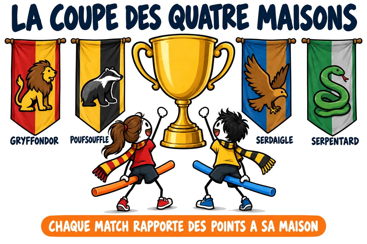 Quidditch moldu, la coupe des quatre maisons : les bannières de Gryffondor, Poufsouffle, Serdaigle et Serpentard autour de la coupe, les points de chaque match vont à la maison.